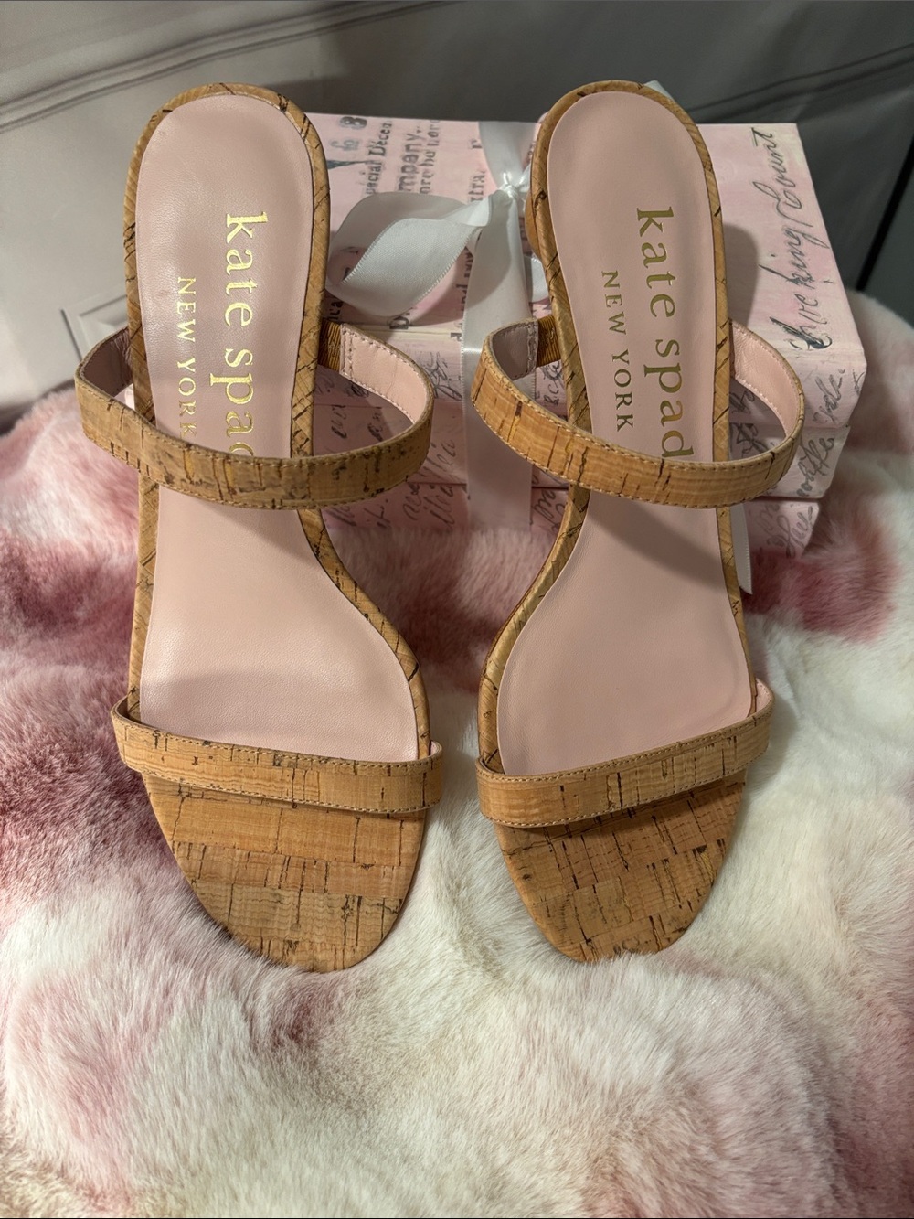 NWOT Kate Spade Palm Springs Slide Sandals Pink/Cork, Size 7.5B